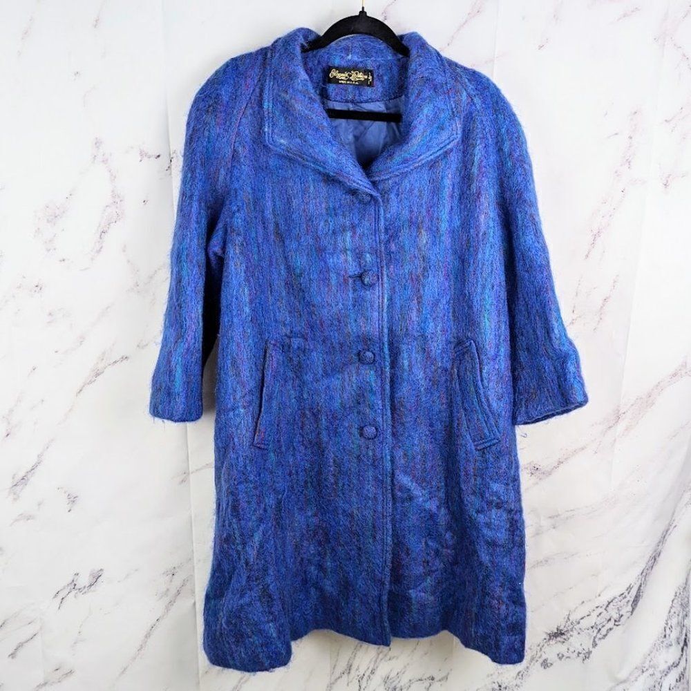 Vintage 70s Bright Blue Purple Mohair Wool Swingline Textured Coat ILGWU Large